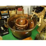 A Copper with iron swing handle on stand, cream skimmer,