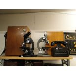 2 Cased students microscopes & a Dictograph telephone