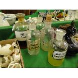 5 Antique chemists bottles with labels.