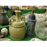Large green Art Pottery table lamp and another, (2).