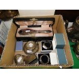 Silver napkin rings, inkwells, cased brush set,