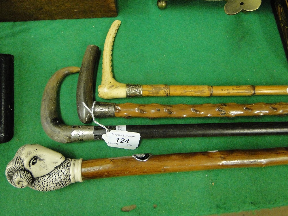 Walking cane with rams head knop & 3 others (4)