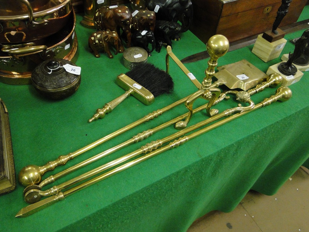 Long handled brass fire irons, brush, etc.