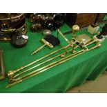 Long handled brass fire irons, brush, etc.