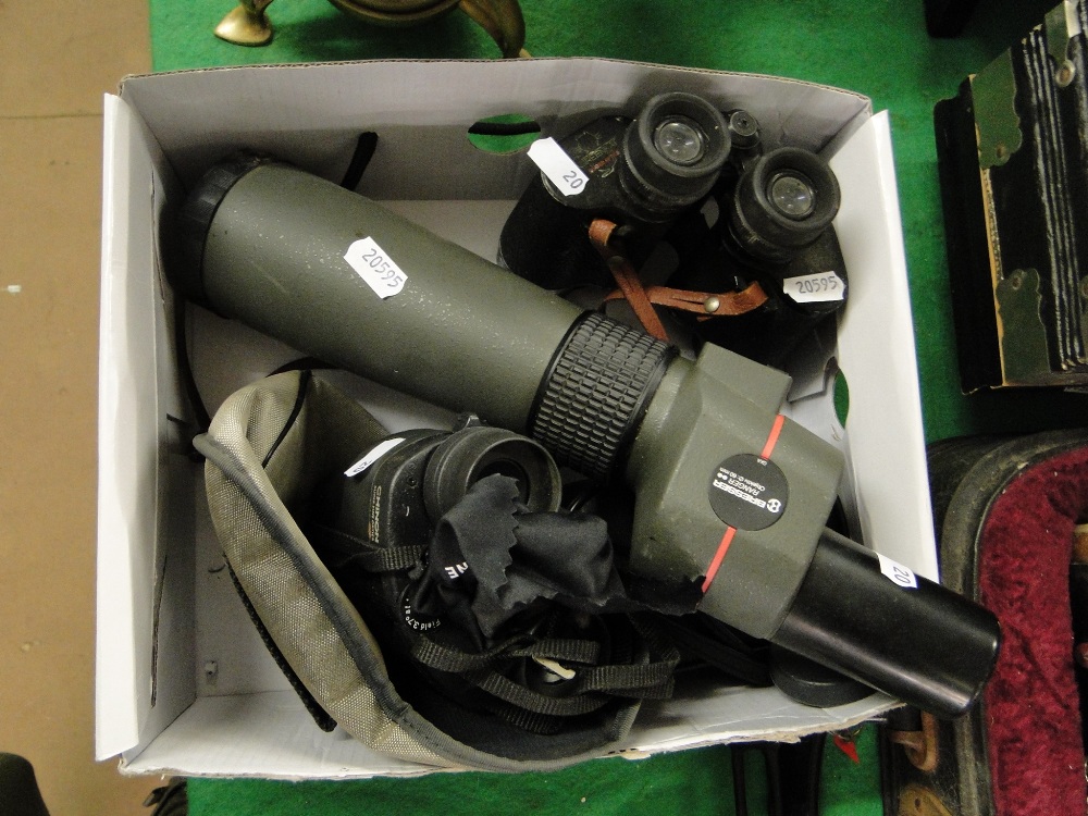 Chinon binoculars, a Bresser scope, etc.
