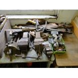 4 Record bench vices, long handled saws, bottles, etc.