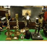 Spelter figure of Moliere, & another, 2 pairs of candlesticks,