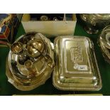 Silver plated 2 piece entree dish, silver plated & copper tots, trays,