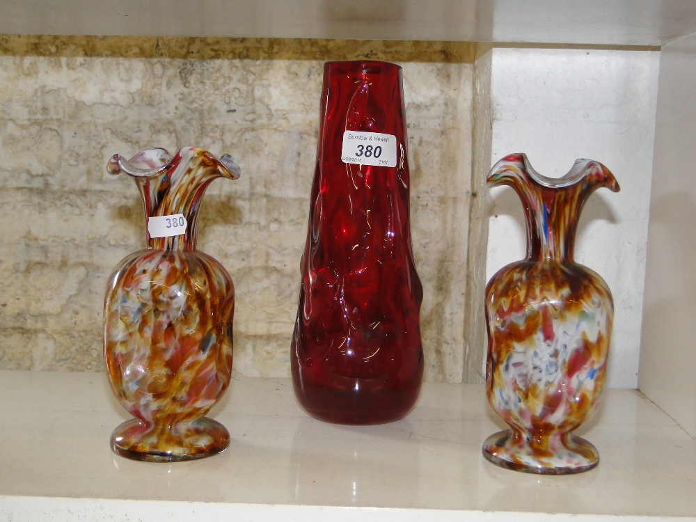 A Whitefriars vase and a pair of glass vases.