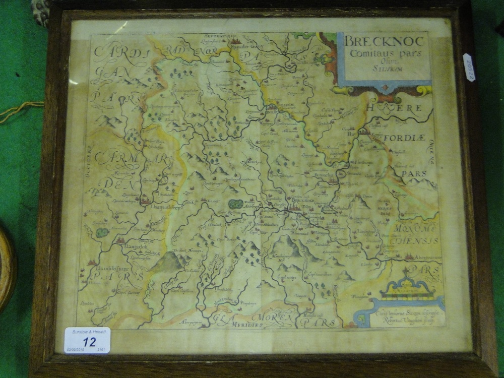 Hand coloured map "Brecknoc" framed by Robert Vaughan.