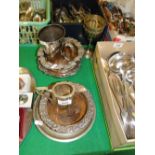 3 Silver plate on copper wine coasters, tankard, goblet, etc.