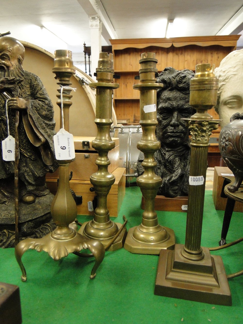 A pair of brass candlestick table lamps and 2 others, (4).