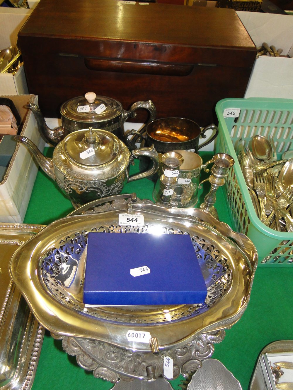 Engraved & plated teaware, bread baskets, candlesticks,