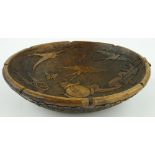 Art Nouveau carved wood bowl
with fairy and swallows design, and verse to the outside,