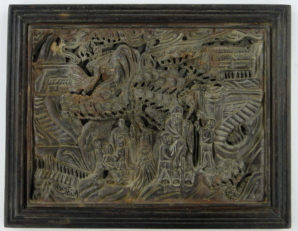 Carved and pierced Chinese panel,
figures, birds and foliage, length 14".