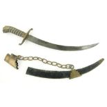 19th century naval dagger
with shagreen handle and leather scabbard with brass mounts, 16".