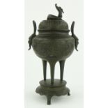 Oriental bronze censer
with animal figure knop, height 9.5".