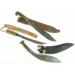 A Kukri knife,
Eastern knife in wooden scabbard, 18" and another by Collins & Co.