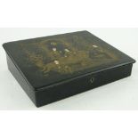 Lacquered box with painted and gilded chinoiserie scene to the lid, 
length 12".