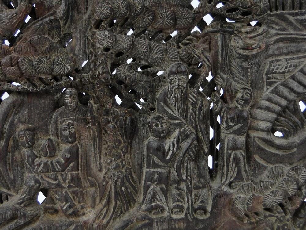 Carved and pierced Chinese panel,
figures, birds and foliage, length 14". - Image 2 of 2