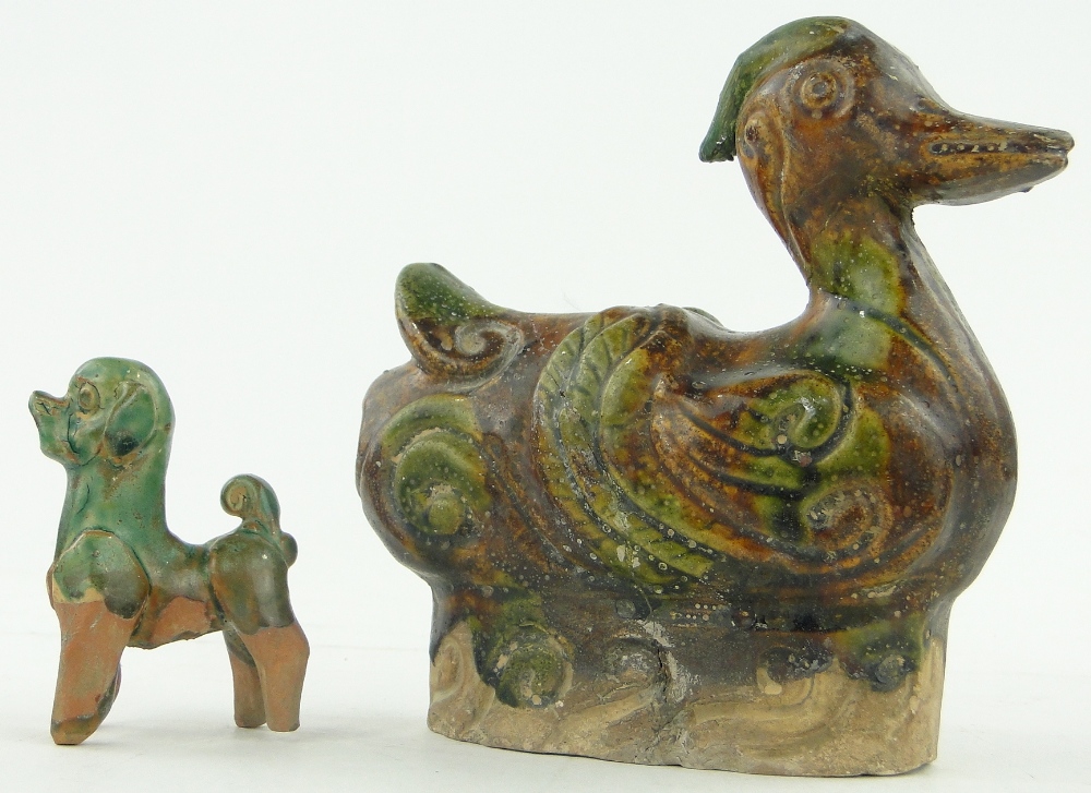 Chinese Sancai-glaze pottery duck, 
height 5.75" and a dog, (2). - Image 2 of 2