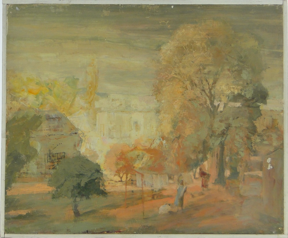 Alfred Zerning,
oil on panel, wash day, signed verso, 19" x 23", framed.