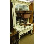 A continental painted dressing table with large mirror and 3 drawers under on fluted legs.