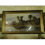 19th century oil on canvas laid on board, rural river scene, indistinctly signed, 11.5" x 22.
