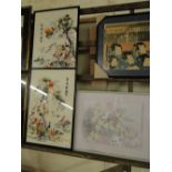 A pair of Oriental silk pictures and another, (3).