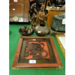 3 carved figures, an Oriental cast-iron pot, etc., (6).