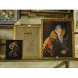 Oil on canvas, portrait study of an Oriental man and 2 silk portraits of Oriental figures, (3).