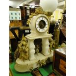 An alabaster and gilded metal clock with child figure pendulum, on separate stand.