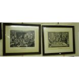 Pair of 19th century monochrome engravings, genre studies, signed, oak framed.