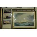 A large coloured print, 3 masted sailing ship in rough seas,