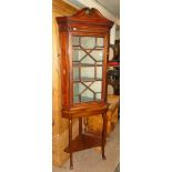 A mahogany and satinwood strung corner display cabinet on stand.