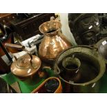 Victorian copper 2 gallon measure, copper kettle and 2 pots, (4).