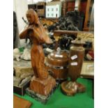 Carved wood figure of a lady, biscuit barrel and treen vase.