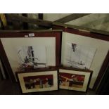 Pair of watercolours and a pair of framed prints.