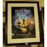 A coloured advertising poster of J M Barrie's Peter Pan at Kensington Gardens, framed.