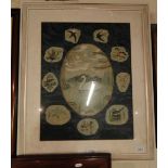Framed needlework, study of birds and a coloured engraving.
