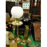Brass oil lamp, World War I shell case and 2 ink stands.