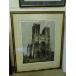 Camille Fonce,
etching, Rheims Cathedral, signed in pencil, 23.5" x 18", framed.