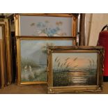 4 modern oil on canvas, various scenes, gilt framed.