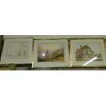 Charles W Fothergill,
3 watercolours, view over a town, a brewery and a sea battle scene, 2 signed,