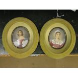 A pair of portrait miniature watercolours on ivory in green velvet frames.