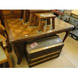 A French oak parquetry topped draw leaf dining table with carved cabriole legs.