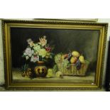 Large oil on canvas, still life fruit and flowers, gilt frame.