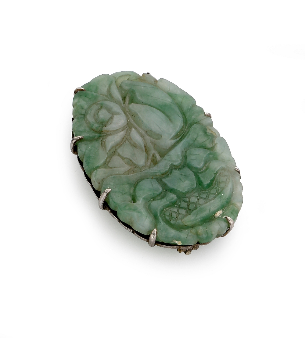 Chinese carved jadeite oval brooch, carv
