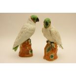 Pair of Staffordshire parrots, circa 1900, white body with a green head, glass eyes,