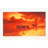 French cameo glass panel, 20th Century, featuring cattle watering at a river's edge,